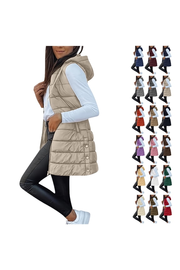 Womens Long Puffer Vest Sleeveless Hooder Down Jacket Lightweight Winter Coats for Women Stand Collar Loose Puffy Jackets With Pockets Warm Winter Quilted Outwear Light Brown M