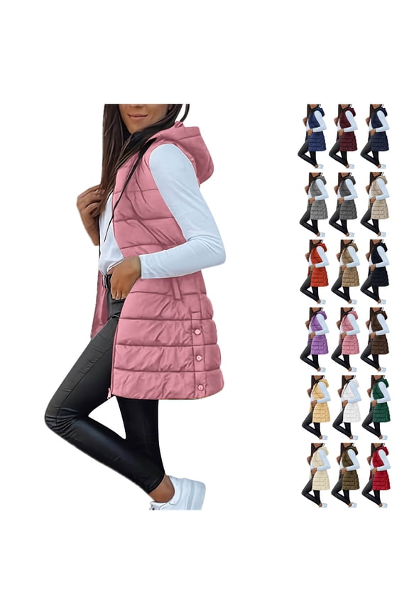 Womens Long Puffer Vest Sleeveless Hooder Down Jacket Lightweight Winter Coats for Women Stand Collar Loose Puffy Jackets With Pockets Warm Winter Quilted Outwear Pink XXL