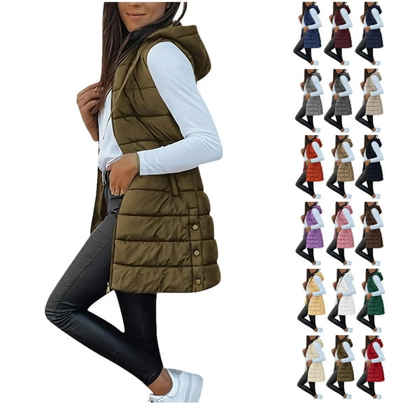 Womens Long Puffer Vest Sleeveless Hooder Down Jacket Lightweight Winter Coats for Women Stand Collar Loose Puffy Jackets With Pockets Warm Winter Quilted Outwear Coffee M