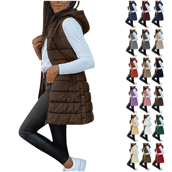 Womens Long Puffer Vest Sleeveless Hooder Down Jacket Lightweight Winter Coats for Women Stand Collar Loose Puffy Jackets With Pockets Warm Winter Quilted Outwear Brown M