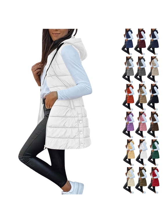 Womens Long Puffer Vest Sleeveless Hooder Down Jacket Lightweight Winter Coats for Women Stand Collar Loose Puffy Jackets With Pockets Warm Winter Quilted Outwear White XL