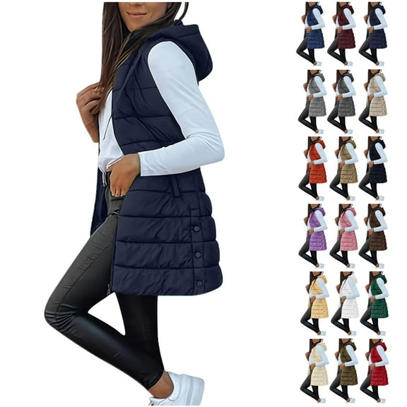Womens Long Puffer Vest Sleeveless Hooder Down Jacket Lightweight Winter Coats for Women Stand Collar Loose Puffy Jackets With Pockets Warm Winter Quilted Outwear Navy M