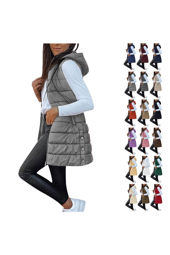 Womens Long Puffer Vest Sleeveless Hooder Down Jacket Lightweight Winter Coats for Women Stand Collar Loose Puffy Jackets With Pockets Warm Winter Quilted Outwear Gray L