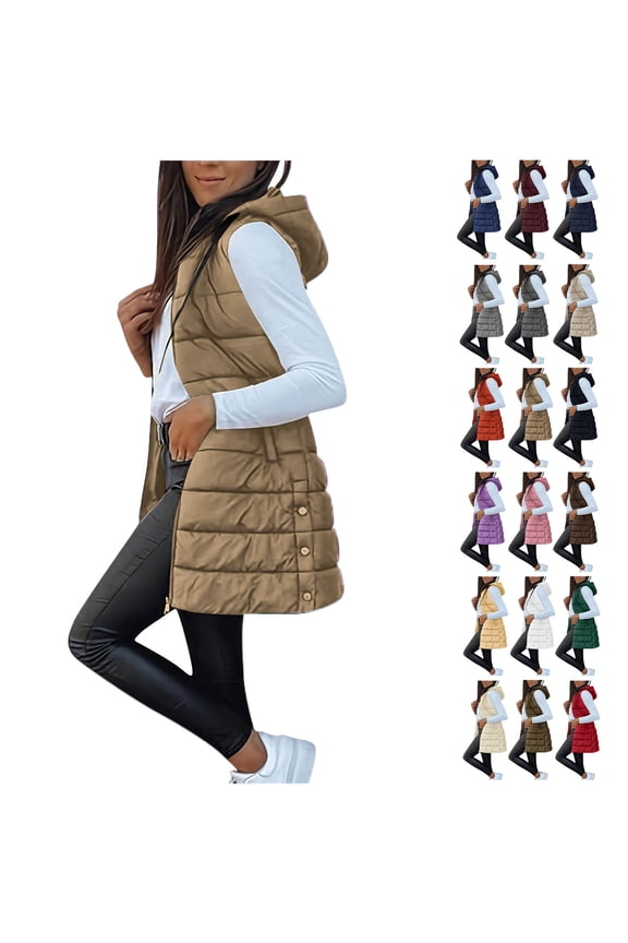 Womens Long Puffer Vest Sleeveless Hooder Down Jacket Lightweight Winter Coats for Women Stand Collar Loose Puffy Jackets With Pockets Warm Winter Quilted Outwear Khaki L