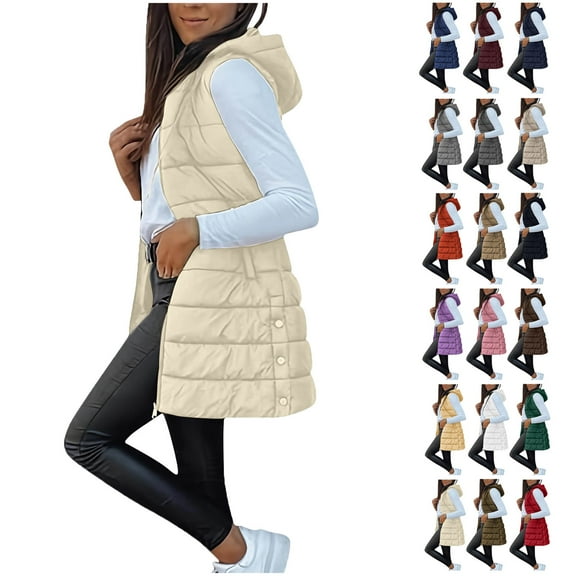 Womens Long Puffer Vest Sleeveless Hooder Down Jacket Lightweight Winter Coats for Women Stand Collar Loose Puffy Jackets With Pockets Warm Winter Quilted Outwear Beige M