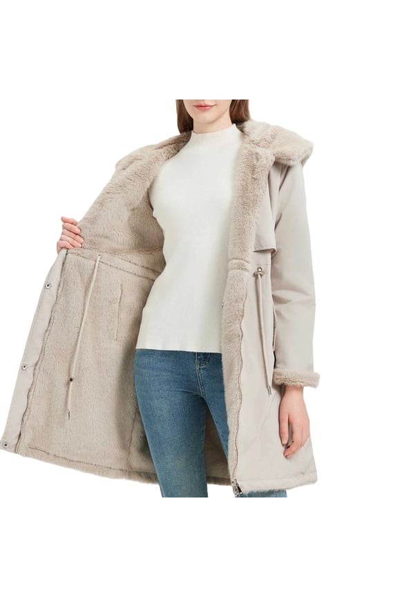 Womens Long Puffer Winter Coats Fleece Lined Jacket Down Parka Warm Overcoat Sherpa Thicken Trench Jacket Fur Coat Hooded Coat Slick Wool with Detatchable Faux Fur Trim