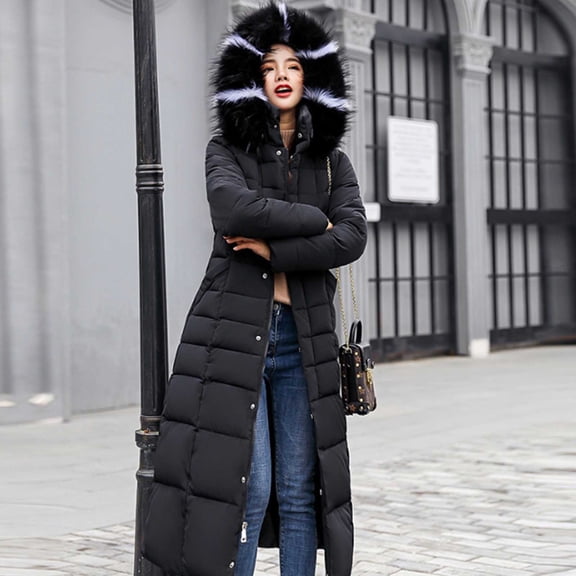 Womens Long Quilted Coat Maxi Thicken Padded Long Sleeve Jacket, Button Zipper Warm Winter Parka Belt Overcoat with Fuzzy Hooded Black 3XL