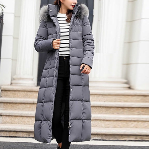 Womens Long Quilted Coat Maxi Thicken Padded Long Sleeve Jacket, Button Zipper Warm Winter Parka Belt Overcoat with Fuzzy Hooded Gray L