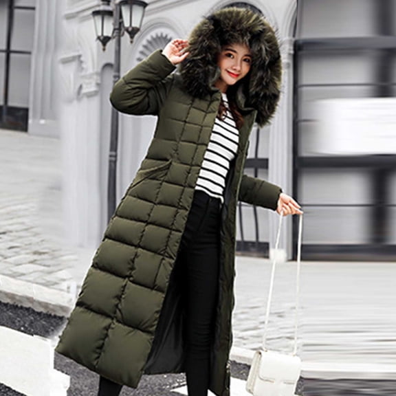Womens Long Quilted Coat Maxi Thicken Padded Long Sleeve Jacket, Button Zipper Warm Winter Parka Belt Overcoat with Fuzzy Hooded Green 3XL