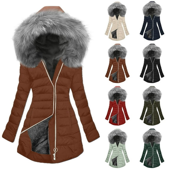 Womens Long Quilted Puffer Coat Down Jacket Women Fashion Solid Color Long-Sleeved Zipper Pockets Hooded -Padded Jacket Coat Blouse Brown XXL