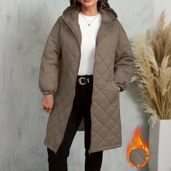 Womens Long Quilted Puffer Jacket Lightweight Zip up Hooded Coats Winter Windproof Outerwear with Pockets New Womens Jackets Dressy Casual Brown XL