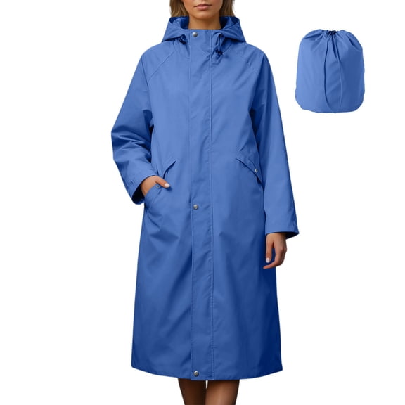 Womens Long Raincoats Rain Jacket Waterproof Packable Hooded Windbreaker Blue L