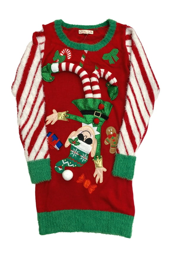 Womens Long Red Sparkle Elf & Gingerbread Man Christmas Holiday Sweater XXL