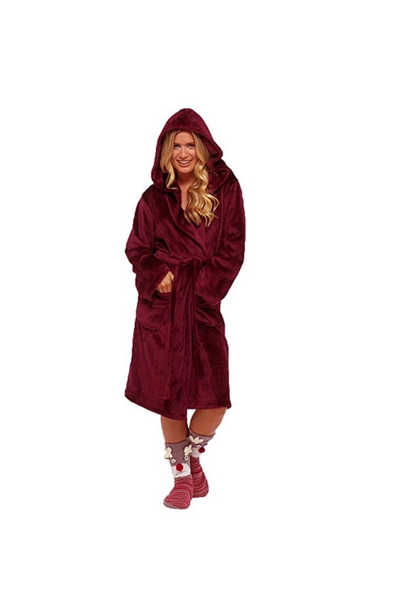 Womens Long Robes, Warp Ruffle V-Neck Fuzzy Bathrobe, Winter Warm Fleece Side Pockets Tie Belted Long Sleeve Spa Bath Robe