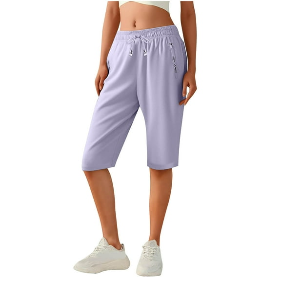 Womens Long Shorts Knee Length Silky Cooling Workout Gym Quick Dry Shorts with Zip Pockets Athletic Cargo Sweatshorts (XL, Purple)