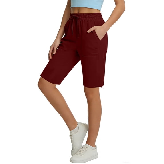 Womens Long Shorts with Pockets Drawstring Elastic Waisted Straight Leg Cargo Sweat Short Summer Sweatshorts (L, Wine)