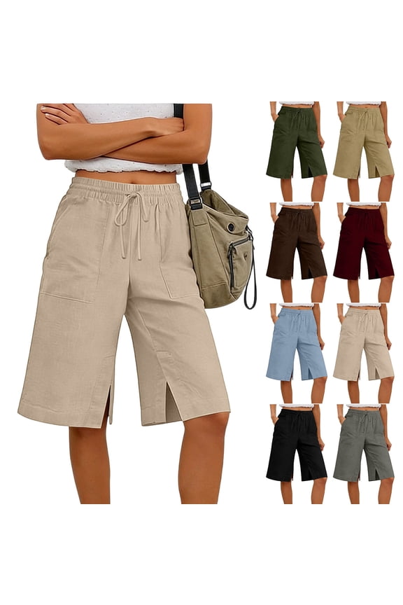 Womens Long Shorts with Slits Pockets Drawstring Elastic Waist Linen Knee Length Summer Casual Sweat Short (S, Beige)