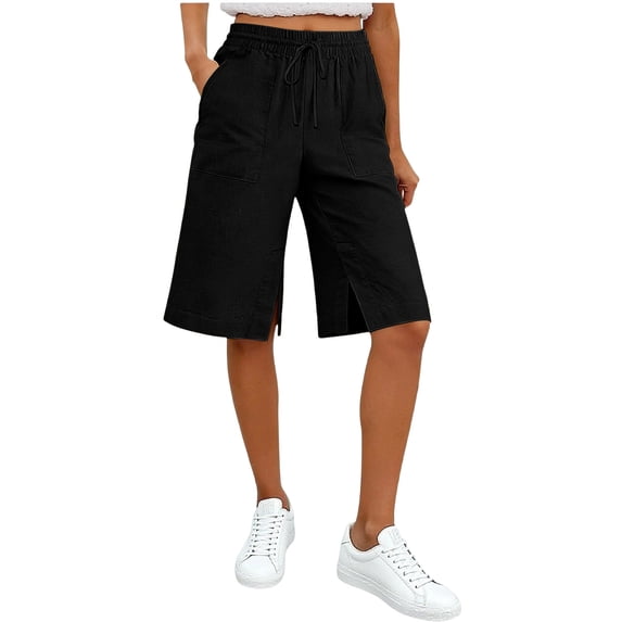 Womens Long Shorts with Slits Pockets Drawstring Elastic Waist Linen Knee Length Summer Casual Sweat Short (XL, Black)