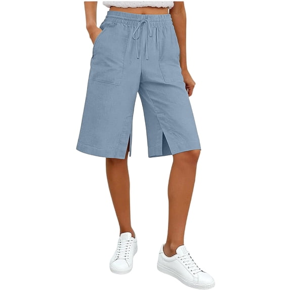 Womens Long Shorts with Slits Pockets Drawstring Elastic Waist Linen Knee Length Summer Casual Sweat Short (XL, Blue)