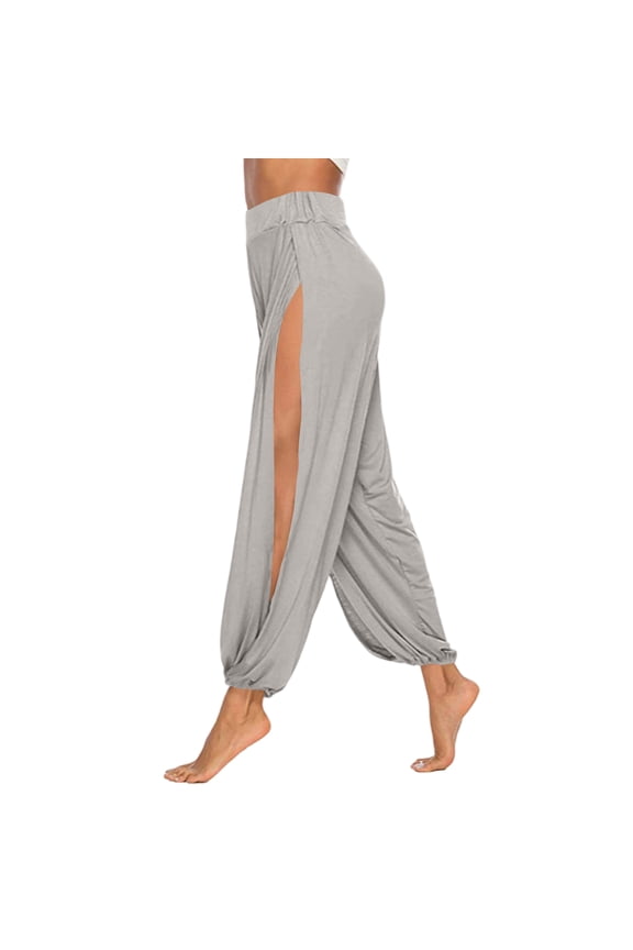 Womens Long Side Slit Loose Harem Yoga Pants Casual Solid Hollow Elastic Waist Workout Sports Wide Leg Pants Trousers Elegant Flare Leg Long Pants