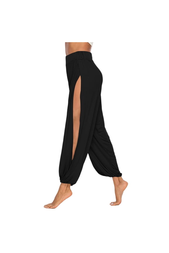 Womens Long Side Slit Loose Harem Yoga Pants Casual Solid Hollow Elastic Waist Workout Sports Wide Leg Pants Trousers Elegant Flare Leg Long Pants