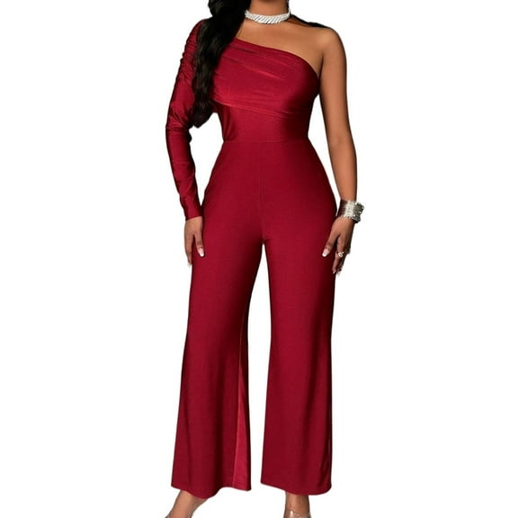 Womens Long Sleeve Asymmetric Neckline One Shoulder Wide Leg Jumpsuit, Summer Overall Romper For Women