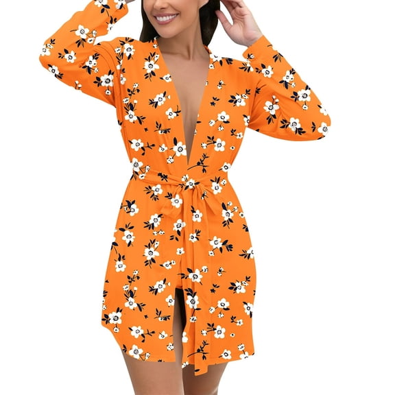 Womens Long Sleeve Bathrobe Lightweight Plus Size Floral Sleepwear Robe with Belt Casual Loose Ladies Loungewear Orange, S