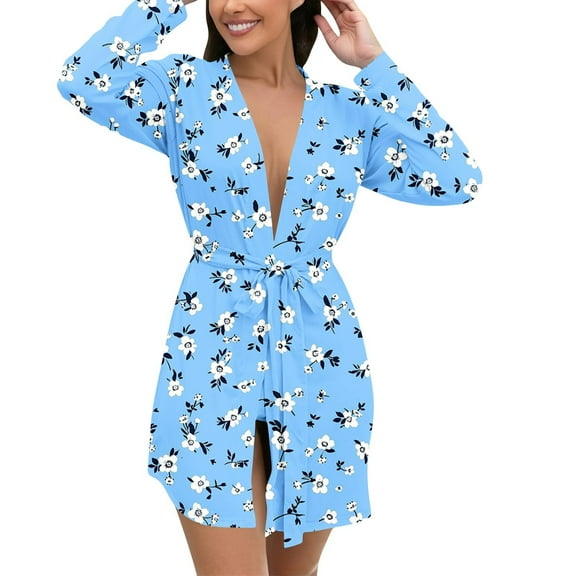 Womens Long Sleeve Bathrobe Lightweight Plus Size Floral Sleepwear Robe with Belt Casual Loose Ladies Loungewear Sky Blue, 5XL