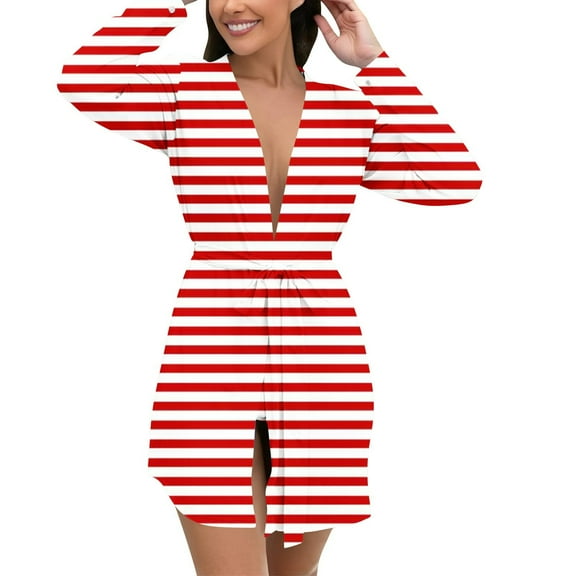 Womens Long Sleeve Bathrobe Lightweight Plus Size Striped Sleepwear Robe with Belt Casual Loose Ladies Loungewear Watermelon Red, S
