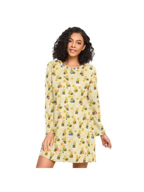 Womens Long Sleeve Bee Cute Printed Nightgown Loose Round Neck A-Line Sleep Shirt Dress Casual Above Knee Loungewear