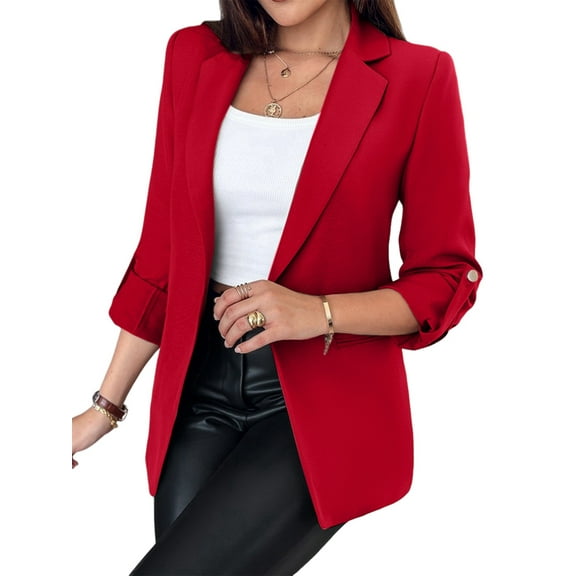 Womens Long Sleeve Blazer Business Casual Open Front Work Office Suit Jackets Red L