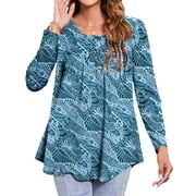 Womens Tunic Tops Casual Loose Fit Floral Fall Blouses Blue