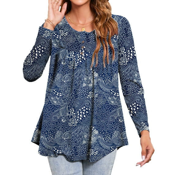 Fall Tops for Women Plus Size Long Sleeve Blouse Casual Floral Tunics Top Navy Blue