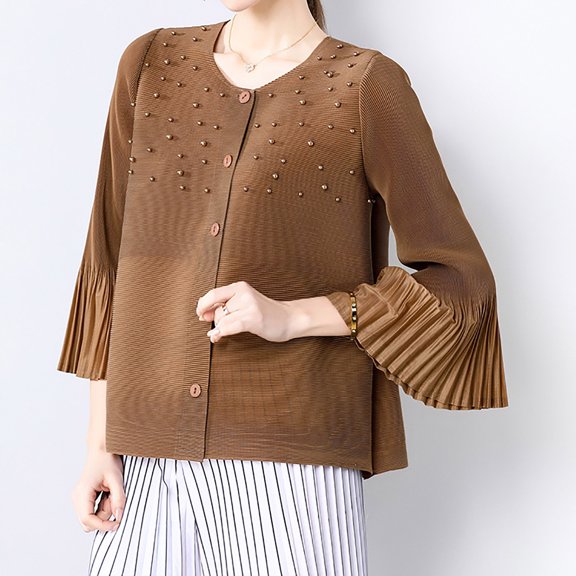 Womens Long Sleeve Blouse Loose Fit Plus Size Tops Elegant Beaded Bell Sleeve Shirt Solid Color Elastic Tunic Lightweight Casual Fashion Spring Summer Top for Work Office Daily Wear