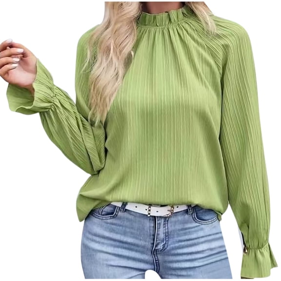 Womens Long Sleeve Blouse Shirts Pleated Ruffle Trim Flounce Mock Neck Tops Solid Work Business Blouses