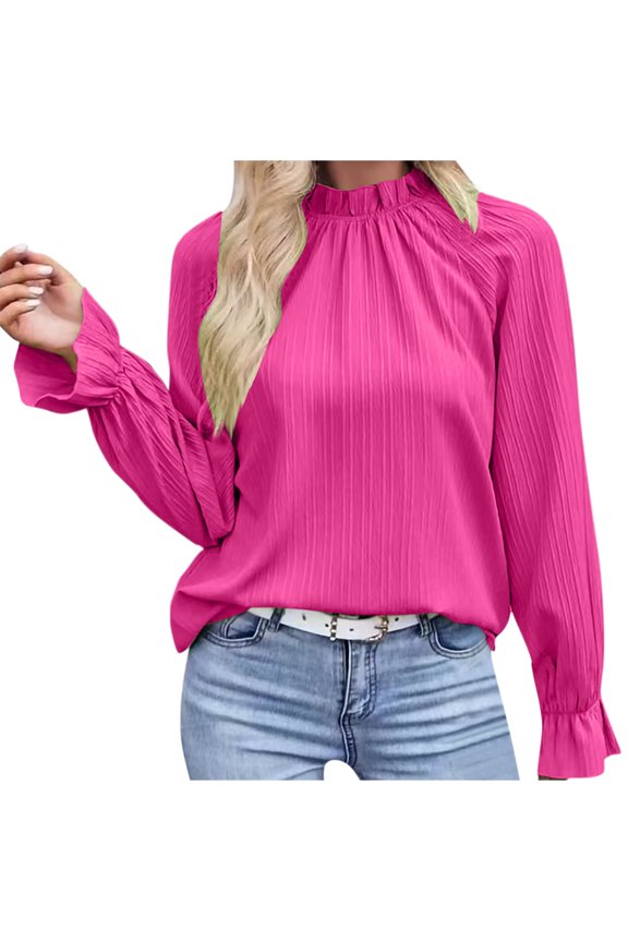 Womens Long Sleeve Blouse Shirts Pleated Ruffle Trim Flounce Mock Neck Tops Solid Work Business Blouses