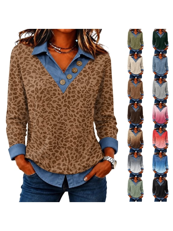 Womens Long Sleeve Blouse V Neck Button Leopard Print Shirt Contrast Collar Cuffs Casual Top Tee for Women Daily Work Wear Blue XL