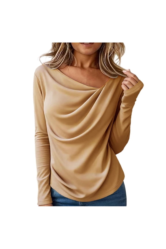 Womens Long Sleeve Blouses Cowl Neck Pleated Solid Color Pullover Fashion Cute Soft Asymmetrical Neckline Shirts