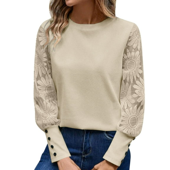 Womens Long Sleeve Blouses Dressy Casual Crewneck Lace Solid Color Shirts with Button Fall Fashion 2025 Loose Tees Tops