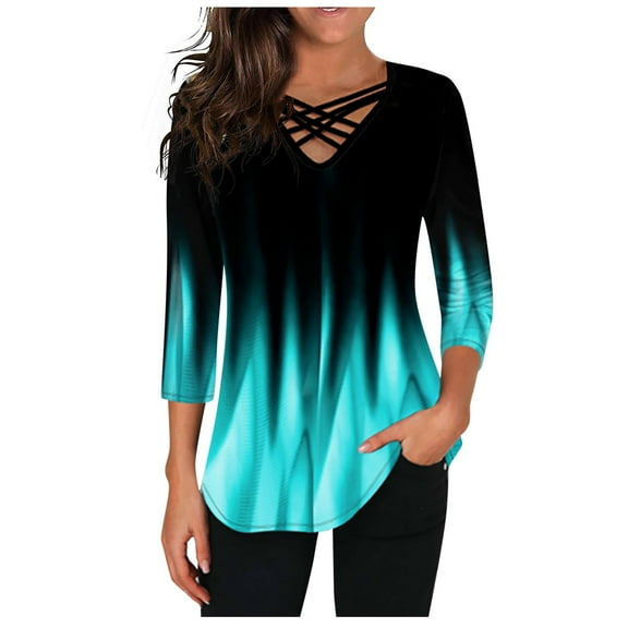 Womens Long Sleeve Blouses Gradient Printed Tops 2025 Basic V-Neck Tee Fall Casual Fashion Y2K Shirts