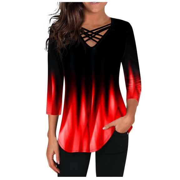 Womens Long Sleeve Blouses Gradient Printed Tops 2025 Basic V-Neck Tee Fall Casual Fashion Y2K Shirts
