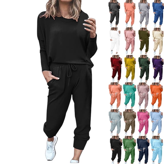 Womens Long Sleeve Blouses Set Loose Jogger Sets for Women 2 Piece Fall Outfits Drop Shoulder Neck Long Sleeve Tops Sweat Pants Set Soft Stretch Casual Loungewear Outfit Black L