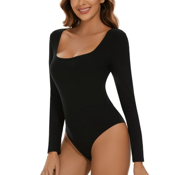 Womens Long Sleeve Bodysuit Square Neck Sexy Basic Tops Causal Leotard Bodysuit Tops