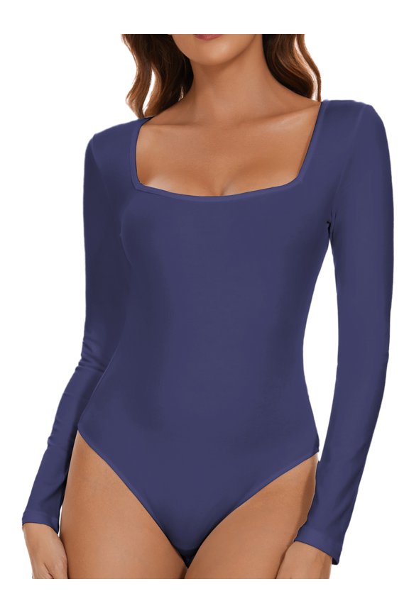 Womens Long Sleeve Bodysuit Square Neck Sexy Basic Tops Causal Leotard Bodysuit Tops