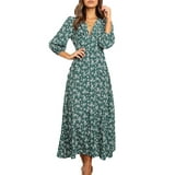 Womens Long Sleeve Bohemian Floral Maxi Dresses Loose Casual High Waist ...