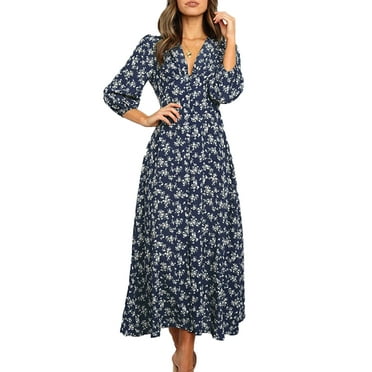 Womens Long Sleeve Bohemian Floral Maxi Dresses Loose Casual High Waist Boho Printed Maxi Dress Beach Party Dress
