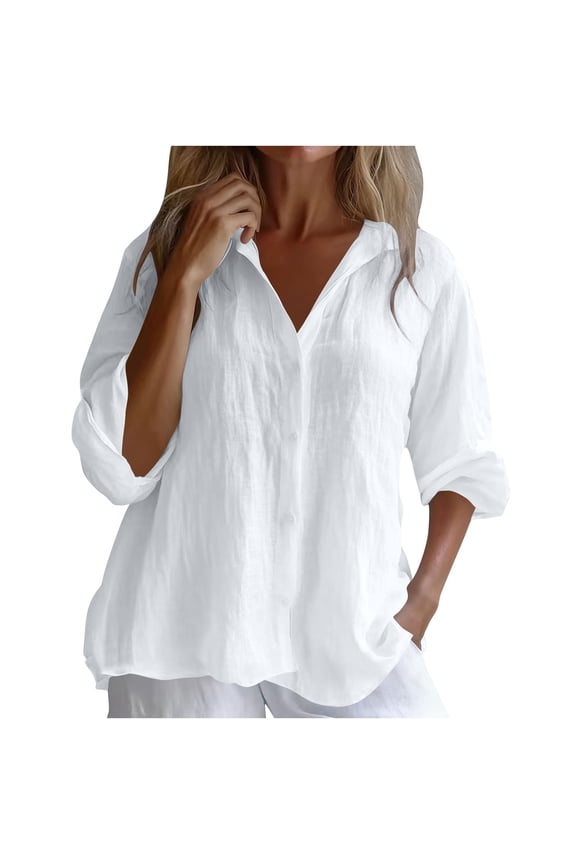 Womens Long Sleeve Button Down Cotton Linen Shirt Blouse Loose Fit Casual V-Neck Tops