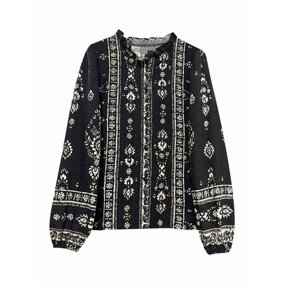 Womens Long Sleeve Button Down Cotton Linen Shirt Western Cowgirl Vintage Elegant Boho Floral Printed Blouses Black L
