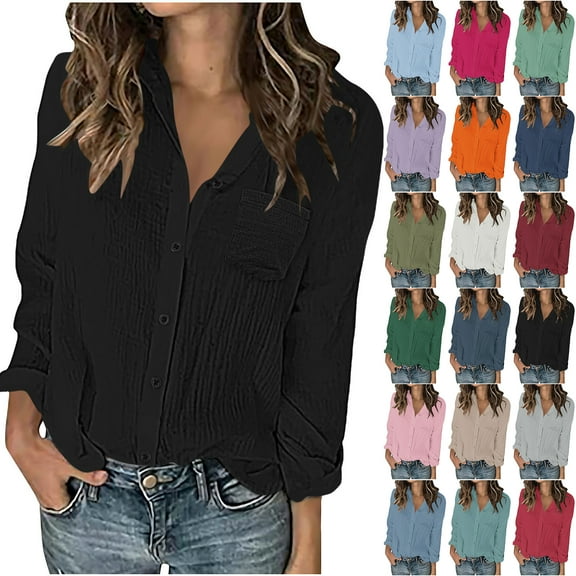 Womens Long Sleeve Button Down Cotton Shirt Blouse Lightweight Casual V-Neck Business Work Blouse Loose Fit Collared T-Shirt Tops with Pockets