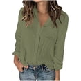thumbnail image 1 of Womens Long Sleeve Button Down Cotton Shirt Blouse Lightweight Casual V-Neck Business Work Blouse Loose Fit Collared T-Shirt Tops with Pockets, 1 of 9
